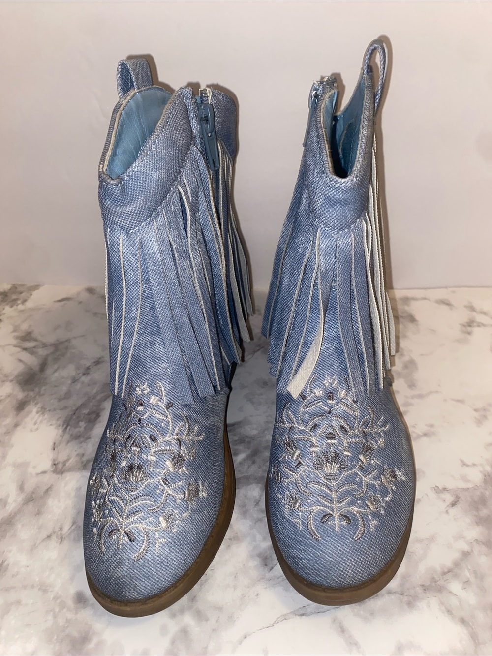 PAWZ Light Blue Embroidered Fringe Ankle Boots